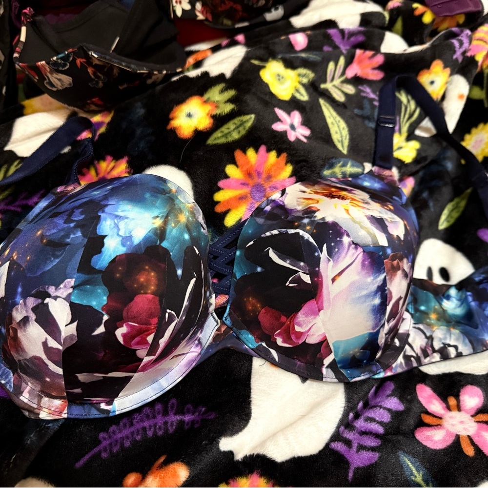 Floral Space Print Bra with Blue and Pink Accents